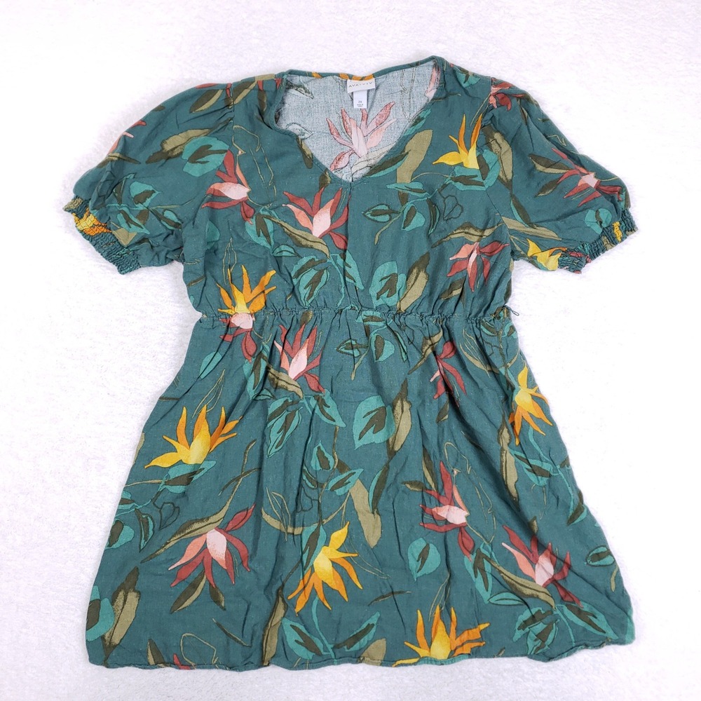 Ava & Viv Tunic Top Womens 2X Tropical Floral Linen Blend Boho Empire Waist Teal